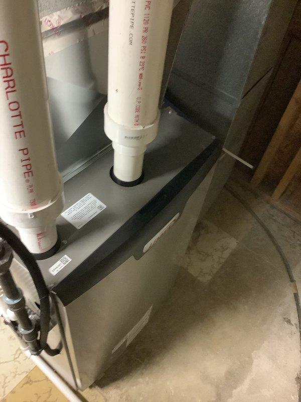 Completed installation of a new 90% efficient furnace with proper PVC venting system. Installed a brass shutoff valve with blue handle on the gas line and ensured all connections were secure. System was tested and is functioning according to manufacturer specifications.