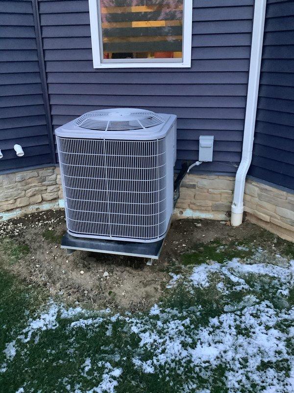 Completed installation of new 90K BTU furnace with humidifier and outdoor AC unit on existing Aprilaire zoning system. Installed three new thermostats and verified proper damper operation during system startup. All components functioning correctly with proper ventilation connections and control integration.