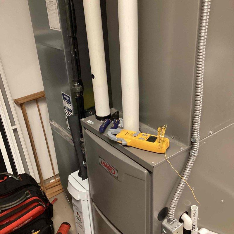 Performed scheduled MVP heating maintenance on Lennox furnace system. Conducted comprehensive diagnostic testing using multimeter to verify proper electrical operation. Inspected all components including PVC venting, condensate drainage system, and electrical connections to ensure optimal performance and safety.