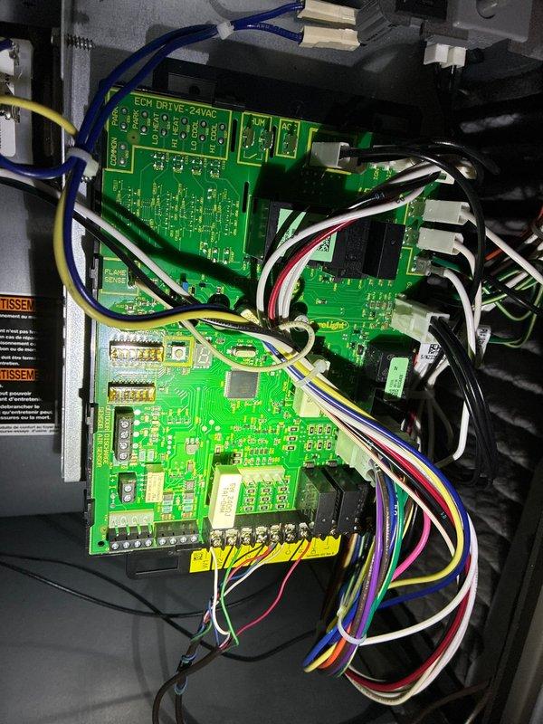 Performed scheduled heating maintenance service for MVP customer. Inspected ECM drive circuit board and connections, noting proper wire terminations. Identified and replaced damaged angle bracket to secure component properly.