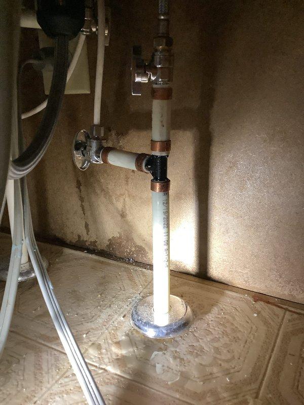 Installed new PEX connections from main kitchen risers in the basement, replacing copper piping. Added appropriate tees and installed new shut-off valves for the faucet, RO system, and dishwasher. Mounted and connected customer-supplied faucet to complete the system. Verified all connections for proper function with no leaks observed.