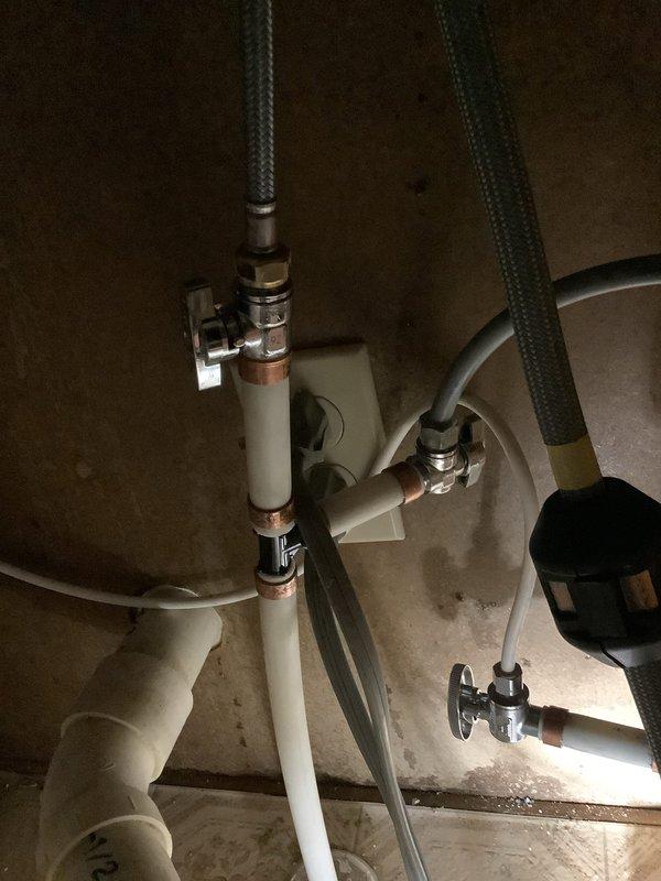 Installed new PEX connections from main kitchen risers in the basement, replacing copper piping. Added appropriate tees and installed new shut-off valves for the faucet, RO system, and dishwasher. Mounted and connected customer-supplied faucet to complete the system. Verified all connections for proper function with no leaks observed.