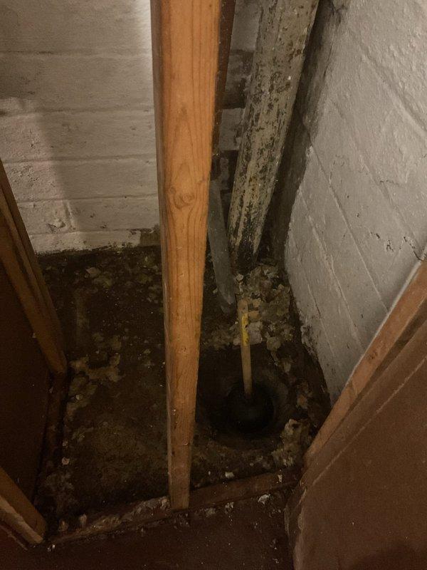 Responded to service call for main drain clog in recently purchased home. Diagnosed standing water issues around utility sink in basement. Cleared obstruction in floor drain near support post, which showed signs of previous water backup and wall discoloration.