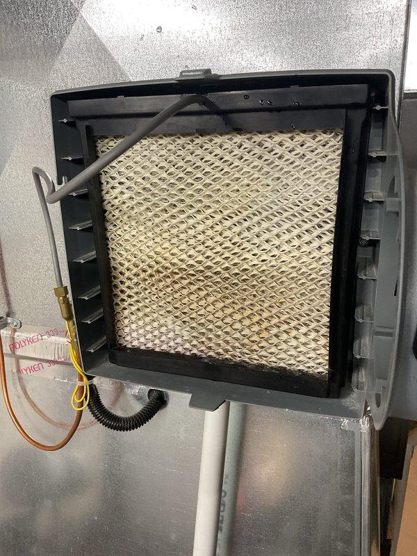 Performed scheduled tune-up on 5-year-old furnace originally installed by Blind and Sons. Inspected air filtration system and found filter in good condition with proper installation. Examined humidifier component, noting slight discoloration on evaporative pad suggesting normal wear. All systems verified operational with no issues detected.