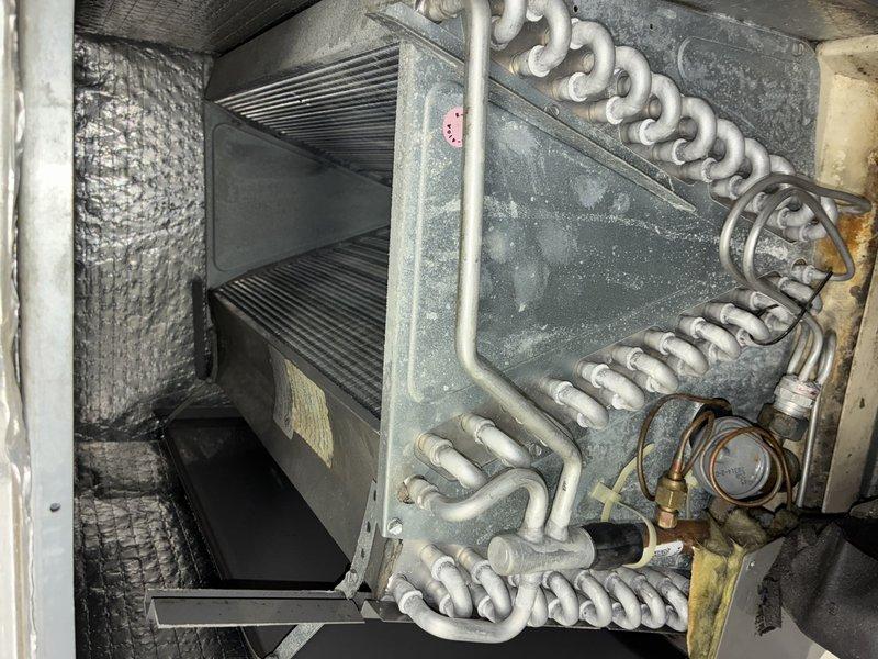 Performed routine furnace maintenance on unit of indeterminate age. Inspected and cleaned blower wheel assembly which showed normal wear patterns without significant debris accumulation. Examined evaporator coil assembly which displayed light dust buildup on the serpentine tubes and housing. System is maintenance verified through 2025.