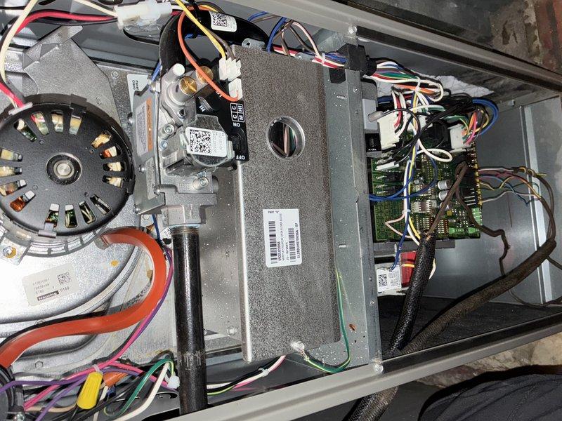 Performed scheduled MVP Heating Visit on customer's furnace system. Conducted visual inspection of furnace components including control box, blower motor assembly, and circuit board connections. All wiring harnesses were verified to be properly connected and secured. Checked air filter condition and confirmed proper installation of ductwork. System functioning normally with no issues identified.