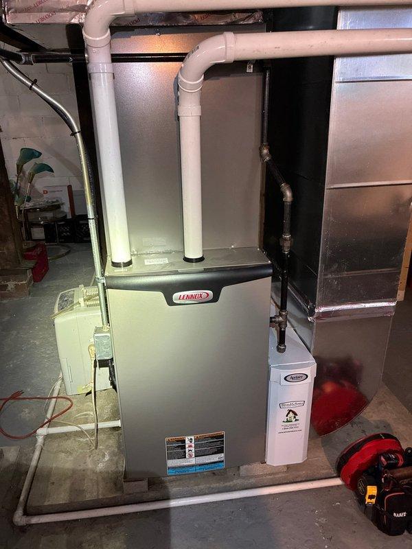 Performed scheduled heating maintenance service for MVP customer. Inspected Lennox furnace system including blower wheel assembly, ductwork, and venting components. Replaced air filter as requested and confirmed proper operation of the heating system.