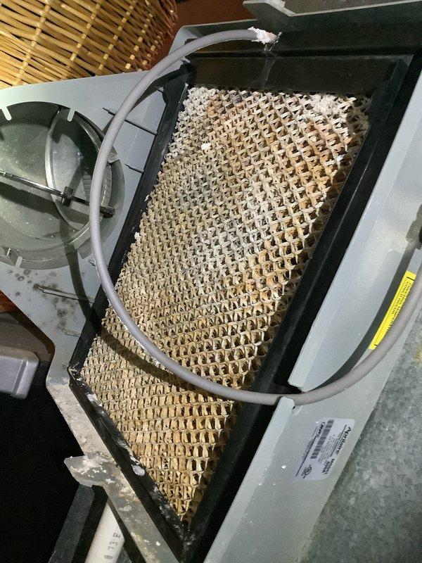 Performed tune-up on 29-year-old furnace system. Inspected OSB wall framing and associated plumbing connections. Examined evaporator coil/humidifier pad assembly showing significant mineral deposits and dust accumulation in honeycomb structure; noted calcium buildup on frame and tubing components.