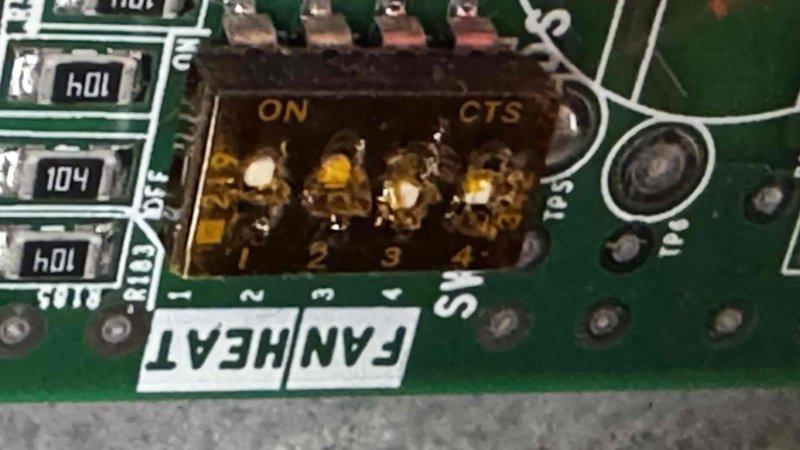 Responded to no heat call with furnace failing to initiate despite thermostat calling for heat (set to 72°F while house temperature was 68°F). Diagnostic inspection revealed faulty control board with oxidized DIP switch connections. Replaced control board, verified proper operation, and restored heating function.