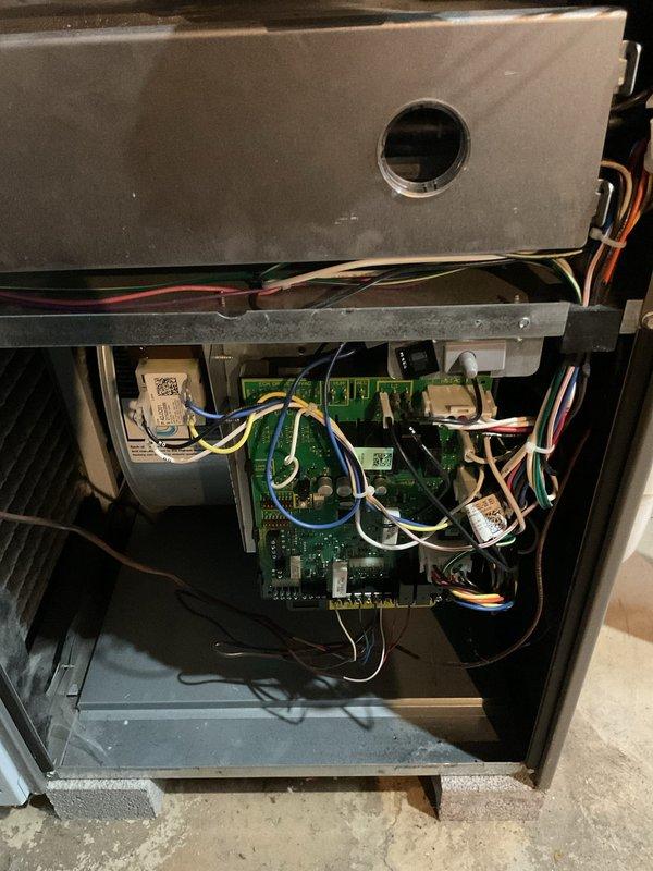 Responded to no-heat call for 4-year-old furnace blowing cold air. Upon inspection, diagnosed malfunctioning control board as evidenced by irregular component function. Replaced defective circuit board, verified proper system operation, and confirmed consistent heat output. Unit is now functioning within normal parameters.