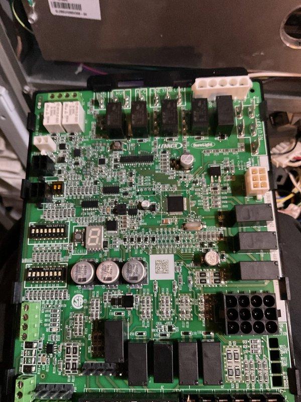 Responded to no-heat call for 4-year-old furnace blowing cold air. Upon inspection, diagnosed malfunctioning control board as evidenced by irregular component function. Replaced defective circuit board, verified proper system operation, and confirmed consistent heat output. Unit is now functioning within normal parameters.