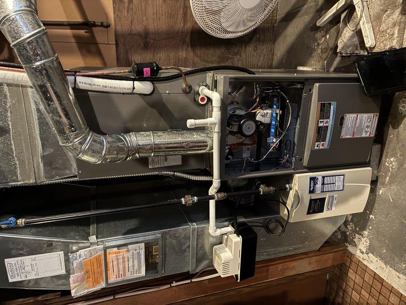 Performed routine maintenance on 6-year-old furnace. Inspected all internal components including wiring, mechanical parts, and safety switches. Checked ductwork connections and condensate drainage system. Examined and confirmed proper installation of pleated air filter in ventilation system. All systems functioning normally with no issues identified.