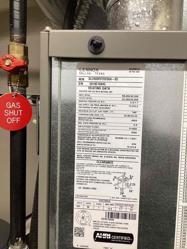 Performed scheduled maintenance visit on Lennox SL280DF070V36A-05 heating system. Confirmed with customer that cooling service is no longer required and will be honored in 2026 as per MVP agreement. Inspected gas connections and water heater installation for safety compliance, documenting equipment condition with photographs.
