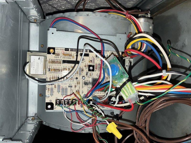 Performed recurring maintenance service on 8-year-old Bryant/S-MVP heating system. Inspected and documented condition of clean, intact air filter with proper pleated structure. Examined control board connections and wiring integrity within the furnace, confirming all electrical components and wire terminations are secure and functioning properly.