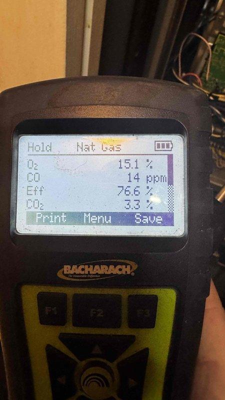 Performed scheduled BS-MVP heating maintenance service. Conducted internal inspection of furnace components including motor, wiring harness, and gas valve assembly. Completed combustion analysis using Bacharach analyzer, which showed O₂ at 15.1%, CO at 14ppm, efficiency at 76.6%, and CO₂ at 3.3% on natural gas system.