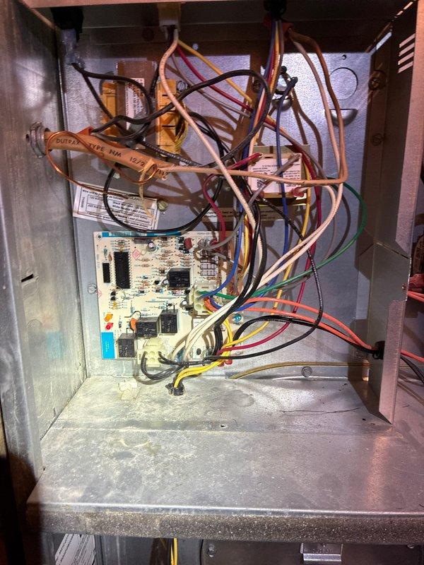 Performed scheduled tune-up on a 3-year-old furnace system, including inspection of the wall-mounted heating unit and examination of the control board circuitry. Checked all electrical connections and verified proper operation of components, ensuring system is functioning efficiently for the heating season.