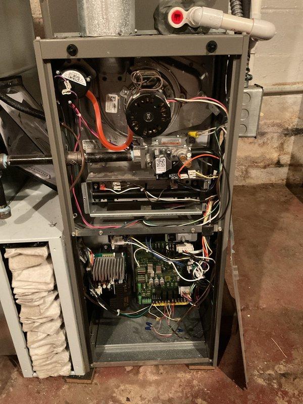 Performed routine furnace maintenance on 2-year-old unit with MVP coverage. Inspected internal components including control board, gas valve, and blower motor assembly. Removed and replaced air filter to ensure proper system airflow. All connections and wiring verified to be secure and in good working condition.
