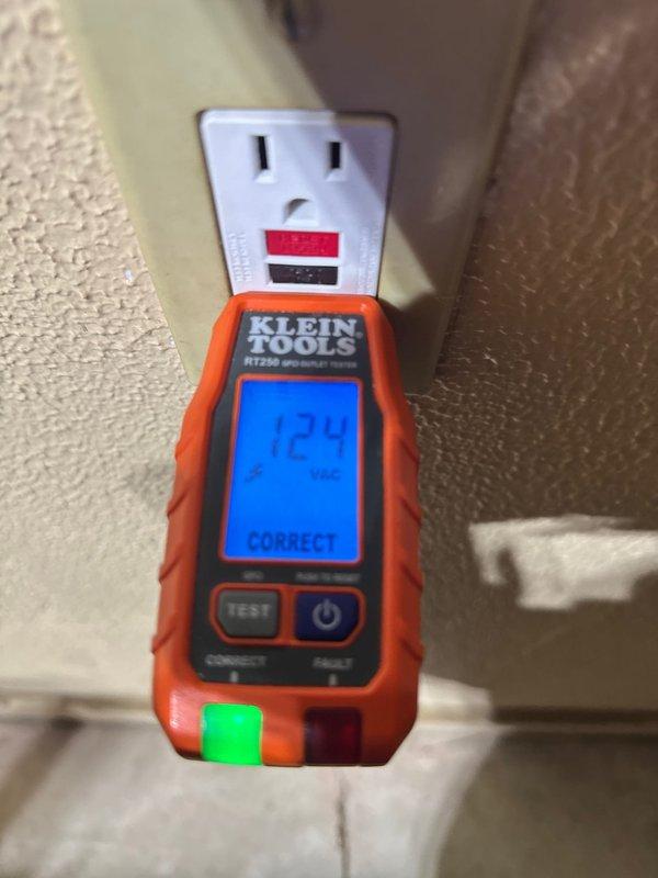 Diagnosed and resolved issues with two non-functioning GFI outlets in garage. Testing with Klein Tools RT250 confirmed proper voltage (124V) at both receptacles after repairs. Verified correct wiring configuration and GFCI functionality before completing service.