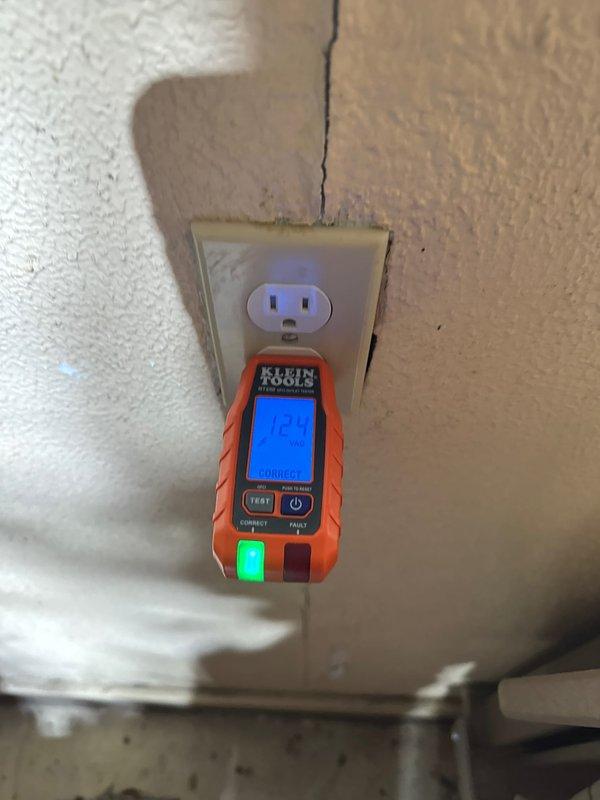 Diagnosed and resolved issues with two non-functioning GFI outlets in garage. Testing with Klein Tools RT250 confirmed proper voltage (124V) at both receptacles after repairs. Verified correct wiring configuration and GFCI functionality before completing service.