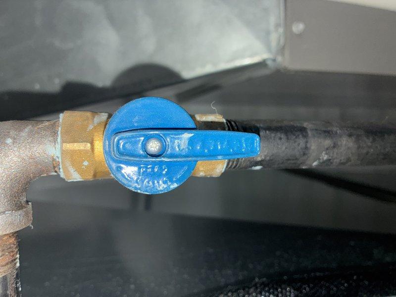 Performed scheduled MVP heating maintenance service. Inspected utility room HVAC system including ventilation components and ductwork connections, confirming proper installation with no visible damage. Examined and verified functionality of plumbing valves, including quarter-turn ball valve with blue handle connected to copper piping.