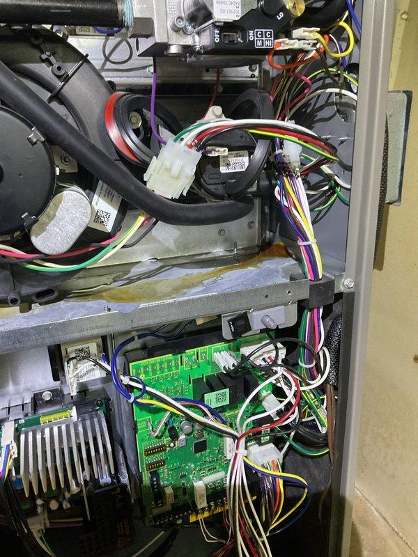 Performed routine maintenance on residential furnace system. Inspected air handler unit located in basement, examining filter condition and checking all connections. Conducted diagnostic assessment of control board and wiring connections, verifying all electrical components functioning properly with no signs of wear or damage.