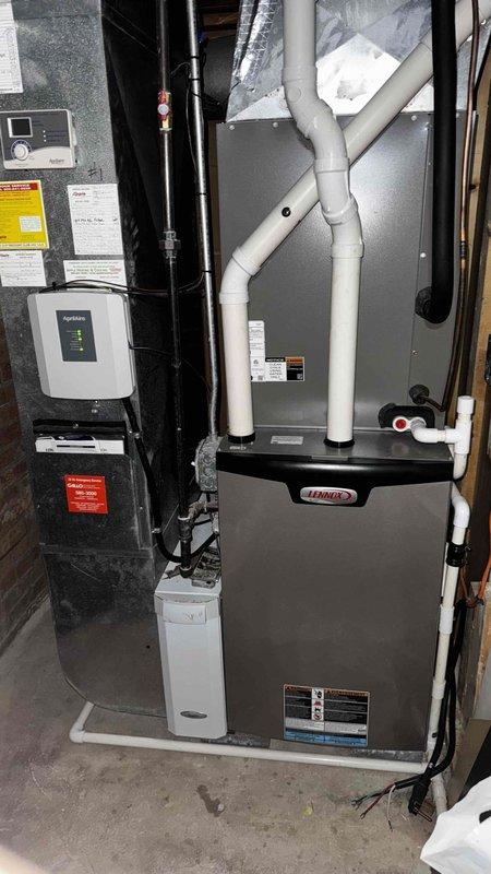 Responded to no heat call for Lennox furnace. Diagnosed issue with control board showing signs of corrosion. Inspected electrical connections and wiring harness. System restored to proper operation after cleaning terminals and securing loose connections.