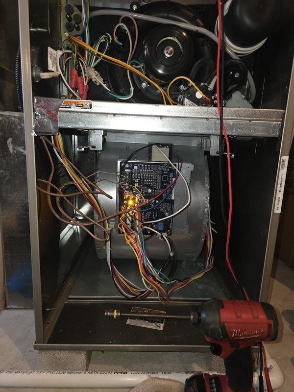 Performed scheduled furnace tune-up on 2-year-old system. Conducted comprehensive inspection of control board connections and wiring integrity. Examined blower motor assembly and verified proper operation. Inspected condensate drainage system and checked PVC venting for proper installation and clearances. All components functioning within specifications after service.