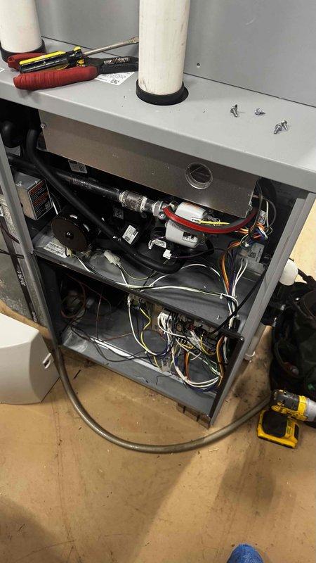 Responded to service call for non-functioning furnace with suspected humidistat issue. Upon inspection, accessed internal components and identified electrical fault in control circuitry. Repaired wiring connections and tested ventilation system for proper operation. Unit now functioning normally with all systems operational.