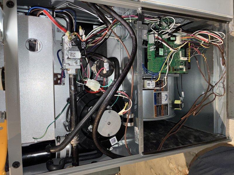 Performed routine MVP heating maintenance service, inspecting the internal control board and electrical connections. Examined the blower wheel assembly for proper operation and cleanliness. All components functioning normally with no issues identified.