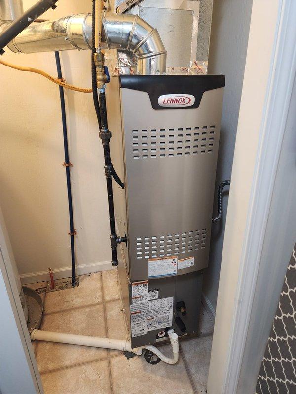 Completed installation of a new Lennox downflow 80% efficiency furnace with AC system. Installed proper gas connections with accessible shut-off valve and verified all ductwork connections. System was fully tested and confirmed operational at 8 AM as scheduled.