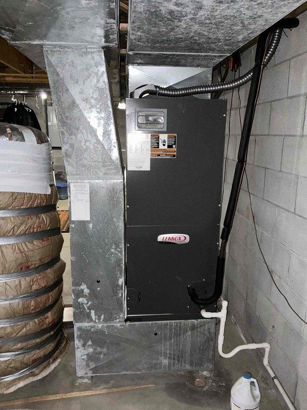 Conducted furnace replacement estimate for customer seeking to convert from heat pump to propane system with ductwork modifications. Customer specifically requested horizontal unit installation instead of vertical configuration. Current system is a Lennox unit installed in basement with metal ductwork and flexible connections that will require reconfiguration to accommodate the new propane heating system.