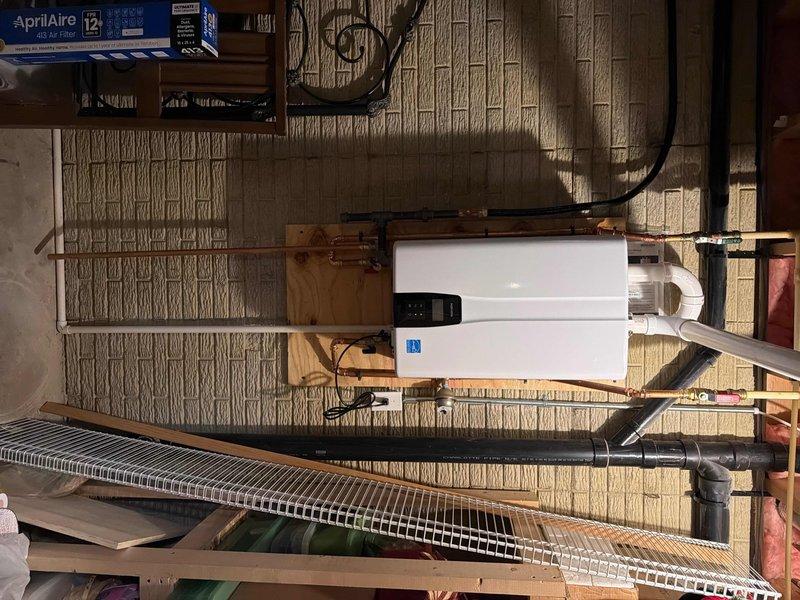 Successfully installed a Navien tankless water heater with all required components as quoted. Installed new 1/2x1/4 angle stop and verified proper operation of the system.