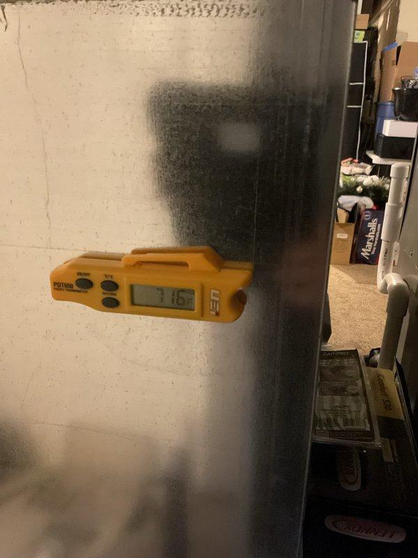 Performed scheduled MVP Heating Visit including comprehensive temperature diagnostics. Measurements recorded with digital temperature probe showing 115°F at heating element and -7.16°F at cold-side components. System functioning within normal operational parameters.