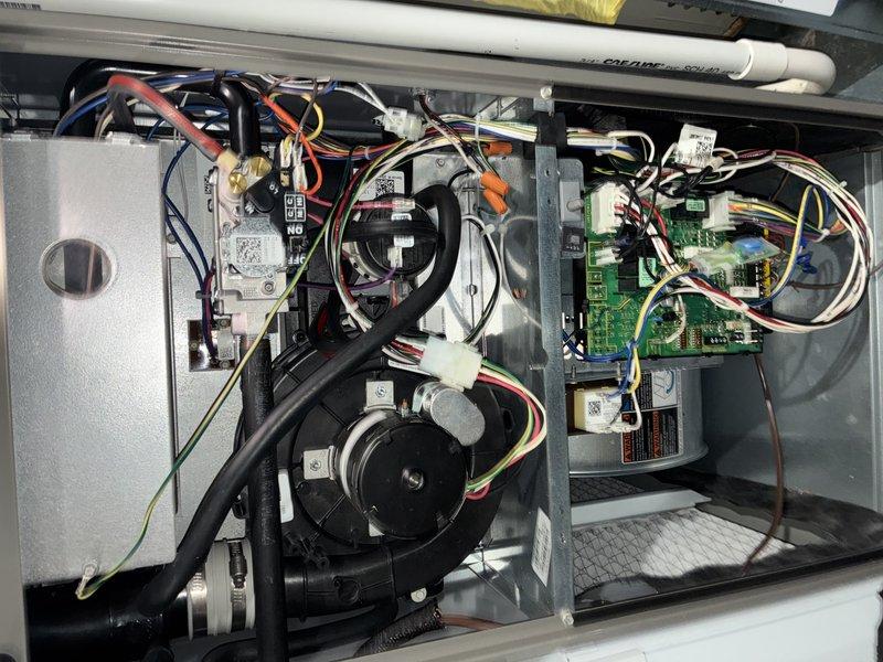 Completed scheduled MVP heating maintenance service on 6-year-old system. Performed comprehensive inspection of control board, electrical connections, and blower assembly. Observed minor rust formation on flexible gas line connection which remains within acceptable operating parameters. All components tested and functioning properly with no immediate service concerns identified.