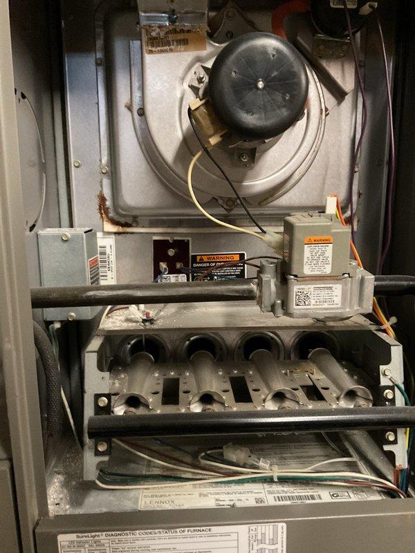 Responded to no heat call for aging Lennox furnace. Diagnosed system and found operational burners with proper blue flame pattern. Inspected blower motor, heat exchanger, and control board - all functioning normally. Confirmed proper ignition sequence and restored heating function.