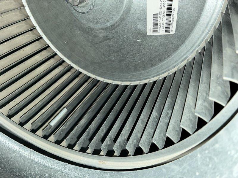Performed scheduled MVP heating maintenance service at multiple locations. Inspected blower wheel assembly, noting light dust accumulation on fan blades. Cleaned and checked fan components to ensure proper operation of the heating system.