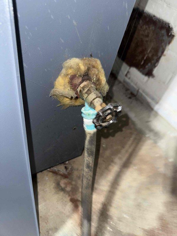 Performed routine MVP Heating maintenance service on existing boiler system. Inspected pressure gauge readings and Honeywell control components which were operating within normal parameters. Noted deteriorating pipe insulation around wall penetration that should be monitored for potential future replacement.