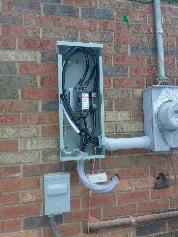 Completed installation of exterior electrical components per previous work order. Installed electrical service panel on brick exterior wall, including proper wiring with 4/0 THHN and 4/0 SER cable. No additional disconnect was required as confirmed with Michael.