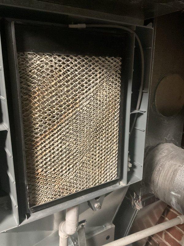 Performed scheduled MVP Heating maintenance visit. Inspected system and found evaporator coil/filter with significant dust and debris accumulation causing brownish-yellow discoloration. Examined control board and electrical components, noting all connections secure with operational indicator light. Cleaned filter element and verified proper system function before completing service.