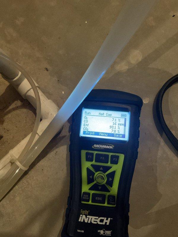 Completed scheduled MVP Heating maintenance service at multiple locations. Inspected and identified a partially soiled air filter requiring replacement. Performed combustion analysis using Bacharach Fyrite INTECH analyzer, confirming efficient system operation with 93.1% efficiency, proper O₂ (7.1%), CO₂ (7.8%) levels, and safe CO readings (16 ppm) within acceptable parameters.