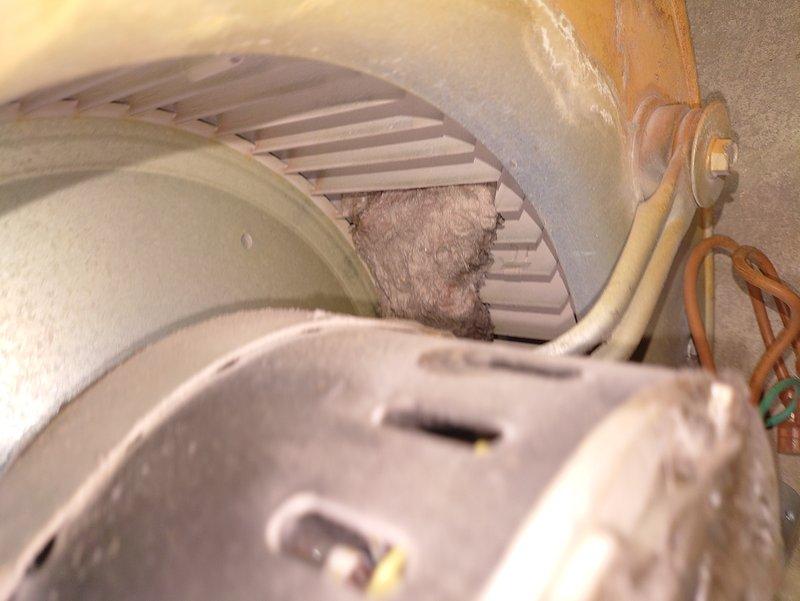 Responded to no-heat complaint at residential property with approximately 8-year-old furnace. Upon inspection, found significant dust and lint accumulation in the blower wheel assembly causing restricted airflow. Cleaned blower wheel and housing, restoring proper operation and heat output.