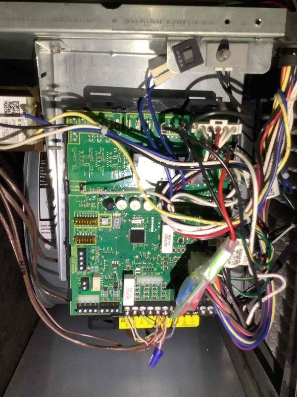 Completed scheduled maintenance on furnace that had been rescheduled from previous date. Inspected electronic control board and circuit connections, confirming all components and wire harnesses were in normal working condition with no visible damage or deterioration. System functioning properly after service.
