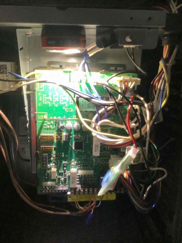 Completed scheduled maintenance on furnace that had been rescheduled from previous date. Inspected electronic control board and circuit connections, confirming all components and wire harnesses were in normal working condition with no visible damage or deterioration. System functioning properly after service.