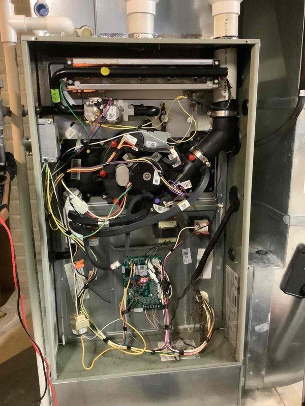Completed scheduled maintenance on MVP furnace. Inspected electrical connections and outlet installation for proper function and safety. Examined interior components including circuit board, wiring harnesses, and drainage system. All systems verified operational with no issues detected.