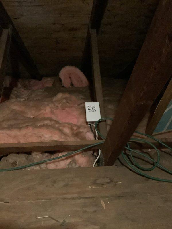 Located and repaired burnt neutral wire in upstairs circuit. Troubleshooting involved inspection of ceiling fan wiring connections and junction box in attic space. Completed repair by replacing damaged section of neutral wire and securing all connections.