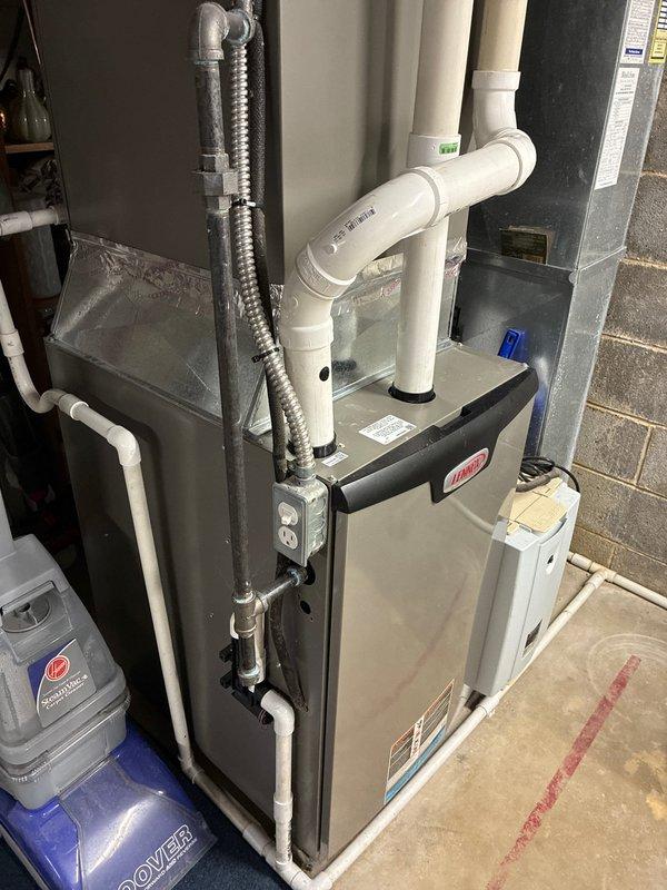 Performed scheduled MVP Heating Visit on Lennox system. Inspected ECM drive control board and all electrical connections, confirming proper functionality with no visible damage or deterioration. Examined furnace installation including PVC venting system and ductwork, all components found in good working condition.
