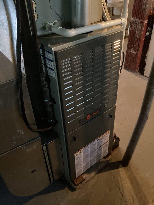 Performed scheduled MVP heating maintenance on Trane furnace system. Inspected condensate pump installation and connections, verified proper drainage functionality. Checked furnace ventilation system including PVC exhaust piping and confirmed system operation.