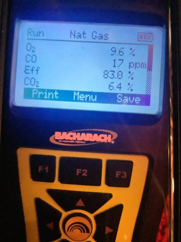 Performed scheduled MVP Heating maintenance service that had been rescheduled from previous date. Conducted comprehensive combustion analysis using Bacharach analyzer, which confirmed system is operating at 83.0% efficiency with acceptable emissions (O2: 9.6%, CO: 17ppm, CO2: 6.4%). Inspected insulation and vapor barrier integrity during service.