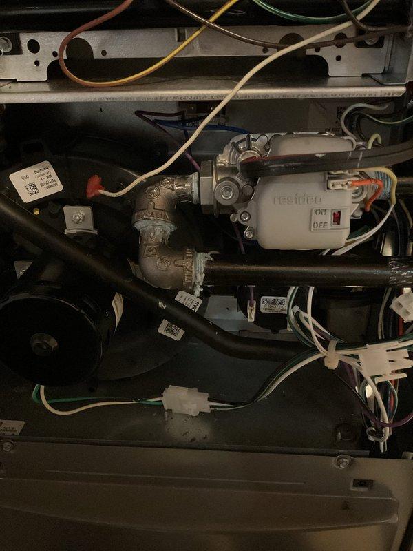 Responded to no heat complaint on Goodman unit installed 12/2023. Diagnosed issue with flame sensor causing improper cycling of the modulating valve. Cleaned flame sensor and verified proper ignition sequence. Unit now operating correctly with consistent flame and normal heating cycle.