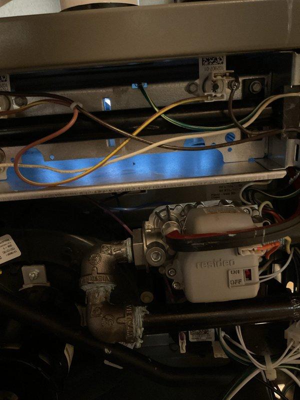 Responded to no heat complaint on Goodman unit installed 12/2023. Diagnosed issue with flame sensor causing improper cycling of the modulating valve. Cleaned flame sensor and verified proper ignition sequence. Unit now operating correctly with consistent flame and normal heating cycle.